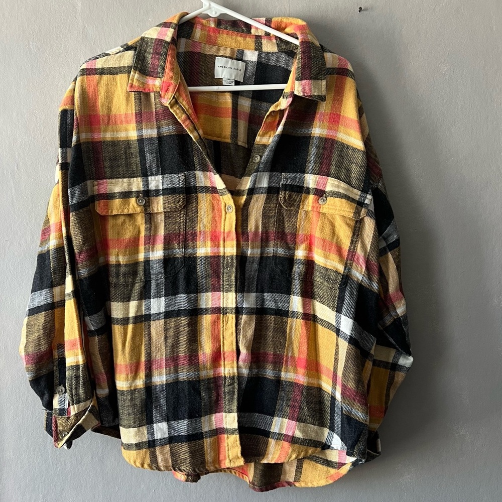 American Eagle Yellow Multicolor Button Up Plaid Oversized Shirt Size Large